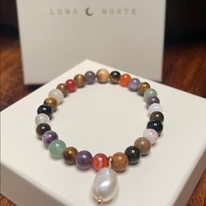 Luna Norte Genuine Stone Stretch Brass Bracelet with Pearl